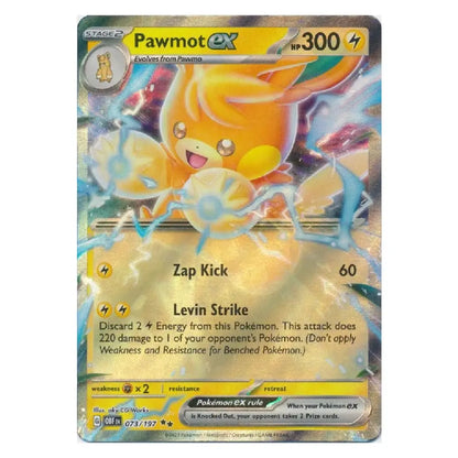 A holographic Pokémon TCG card of Pawmot EX, featuring a yellow and orange electric mouse with Zap Kick and Levin Strike text, set against a plain white background.