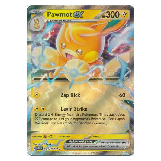 A holographic Pokémon TCG card of Pawmot EX, featuring a yellow and orange electric mouse with Zap Kick and Levin Strike text, set against a plain white background.