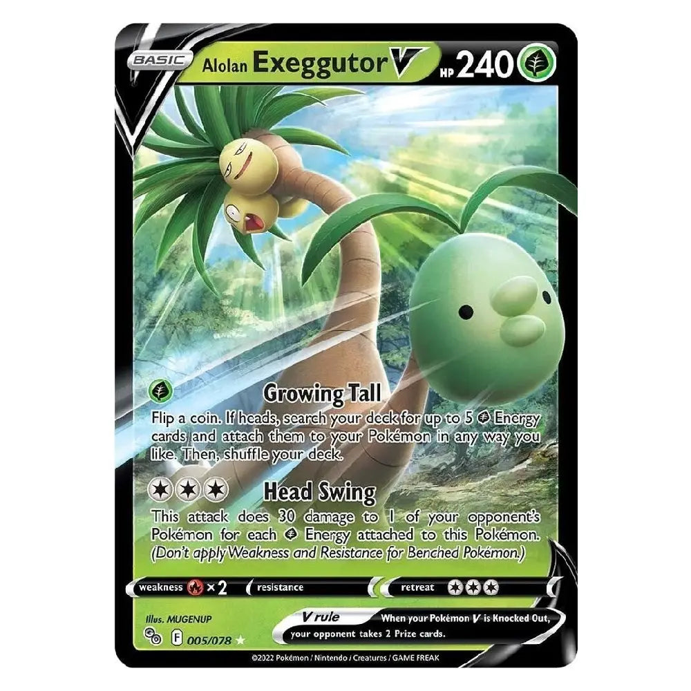 A single Pokémon trading card featuring Alolan Exeggutor V, with artwork of the green egg-shaped Pokémon in a tropical landscape, shown on a plain white background.