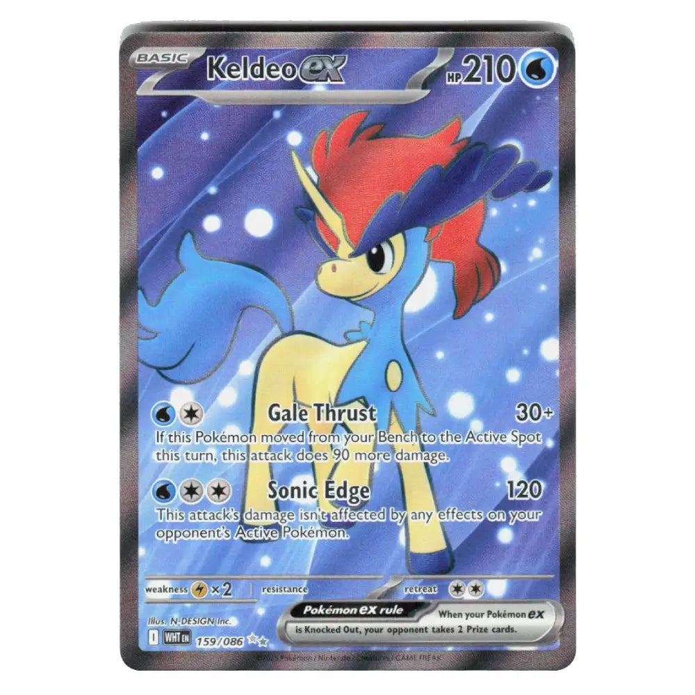 A single Pokémon trading card featuring Keldeo EX from the Basic set, with artwork of Keldeo in blue and yellow against a starry blue background. The card includes attack text such as Gale Thrust and Sonic Edge, and a Pokémon GX rule banner near the bottom.