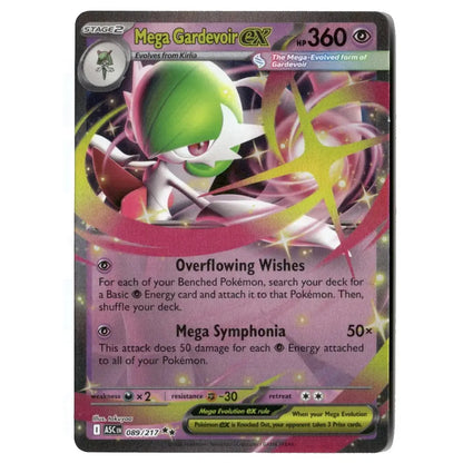 A single Pokémon trading card featuring Mega Gardevoir EX, with artwork of the character in green and white against pink and yellow energy effects. The card includes game text, a stage indicator, and a Pokémon logo in the top left.