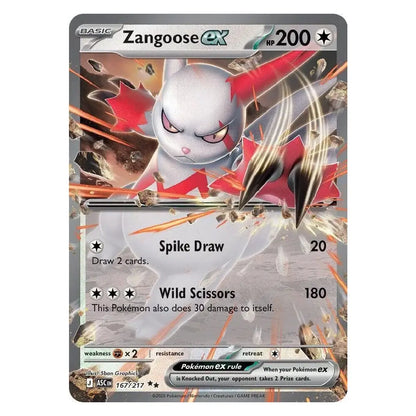 A single Pokémon trading card for Zangose EX from the Basic set, featuring artwork of the character in a white and red form against an explosive background, with text showing 200 HP and move costs.