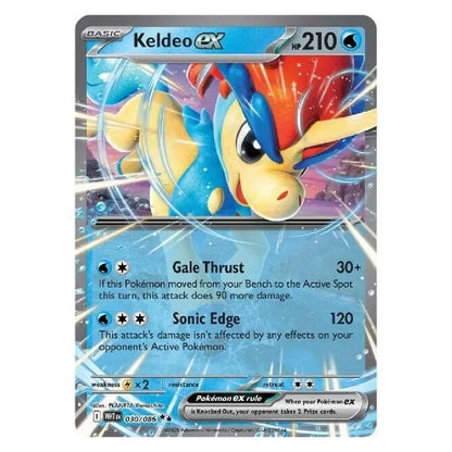 A single Pokémon trading card for Keldeo EX from the Basic set, featuring artwork of Keldeo with blue, yellow, and red tones on a silver card border. Visible text includes the card name 'KeldeoEX', level '210', and moves 'Gale Thrust' and 'Sonic Edge'.
