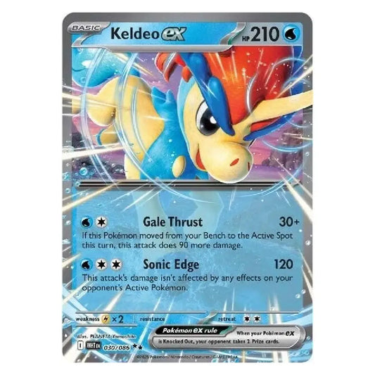 A single Pokémon trading card for Keldeo EX from the Basic set, featuring artwork of Keldeo with blue, yellow, and red tones on a silver card border. Visible text includes the card name 'KeldeoEX', level '210', and moves 'Gale Thrust' and 'Sonic Edge'.