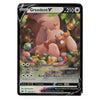 A single Pokémon trading card for Greedent V from the Basic set, featuring artwork of a pinkish-brown greedy creature surrounded by colorful coins, with card text and stats visible.