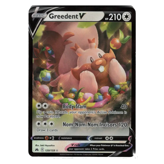 A single Pokémon trading card for Greedent V from the Basic set, featuring artwork of a pinkish-brown greedy creature surrounded by colorful coins, with card text and stats visible.