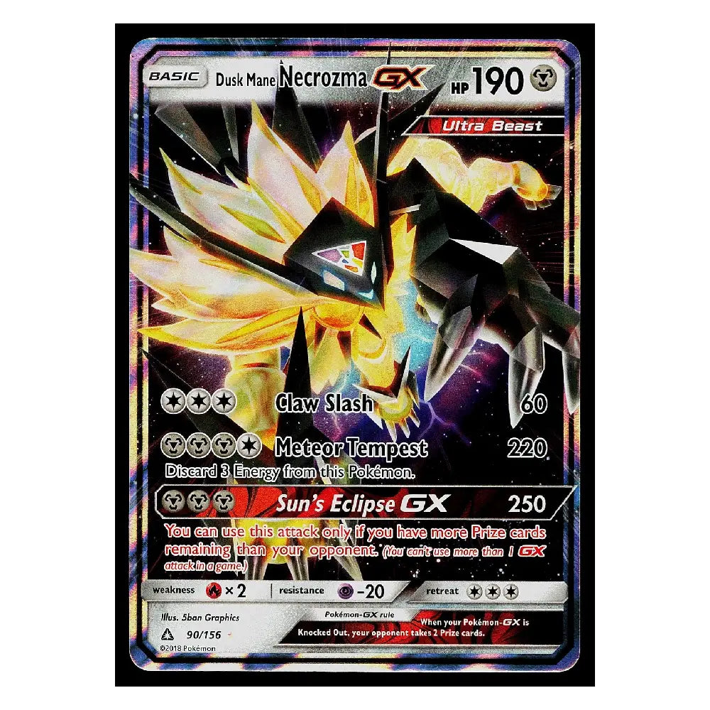 A single Pokémon trading card featuring the character Duskmant Necrozma GX in a Sun's Eclipse GX set. The card has a holographic border and displays artwork of the character with glowing yellow and black energy effects against a dark space background.