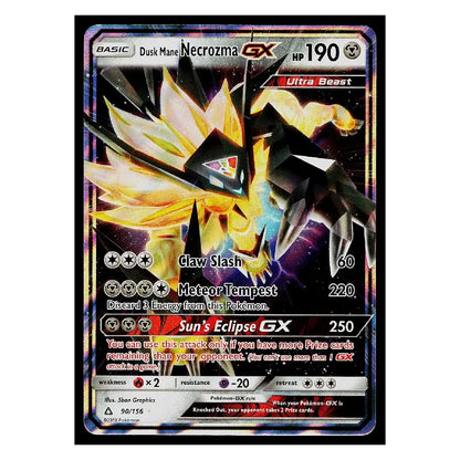 A single Pokémon trading card featuring the character Duskmant Necrozma GX in a Sun's Eclipse GX set. The card has a holographic border and displays artwork of the character with glowing yellow and black energy effects against a dark space background.