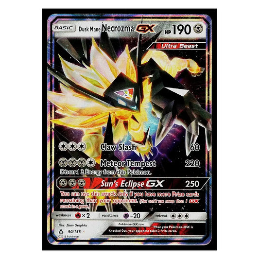 A single Pokémon trading card featuring the character Duskmant Necrozma GX in a Sun's Eclipse GX set. The card has a holographic border and displays artwork of the character with glowing yellow and black energy effects against a dark space background.