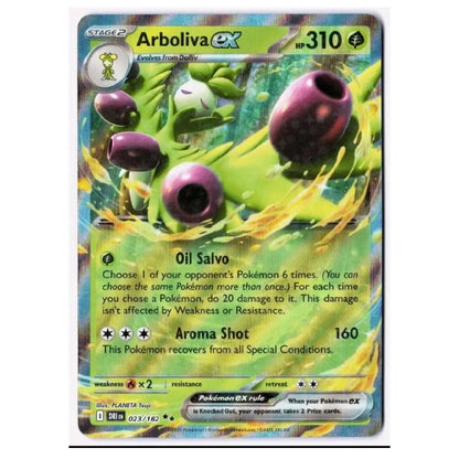 A single Arboliva EX trading card from the Pokémon TCG, featuring artwork of a green creature with purple oil droplets. The card has a holographic silver border and is photographed against a plain white background.