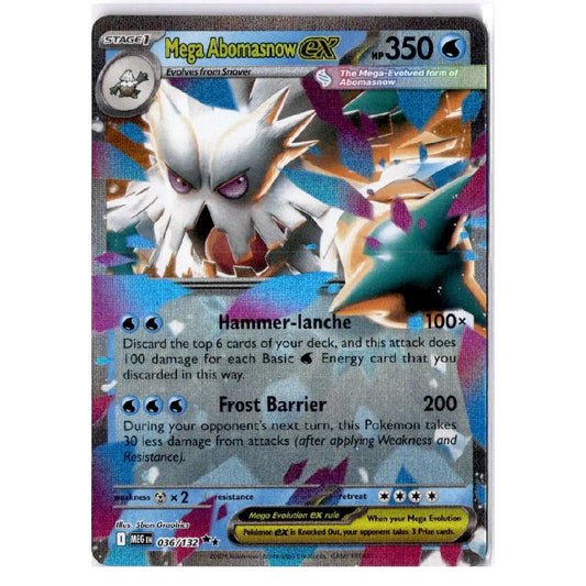 A single Pokémon trading card featuring Mega Abomasnow EX, with artwork of the Pokémon and game text on a dark card face. No person, animal in a real scene, or environment is present; this is a clean product shot of the card itself, so subject_type is Product/Packaging.