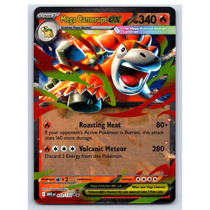 A holographic Pokémon trading card featuring Mega Camerupt EX, with colorful artwork of the creature, attack text, and a black border on a white background.