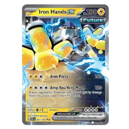 A single Pokémon trading card for Iron Hands EX from the Future expansion, featuring artwork of the character with blue energy effects and yellow accents, shown on a plain light background.