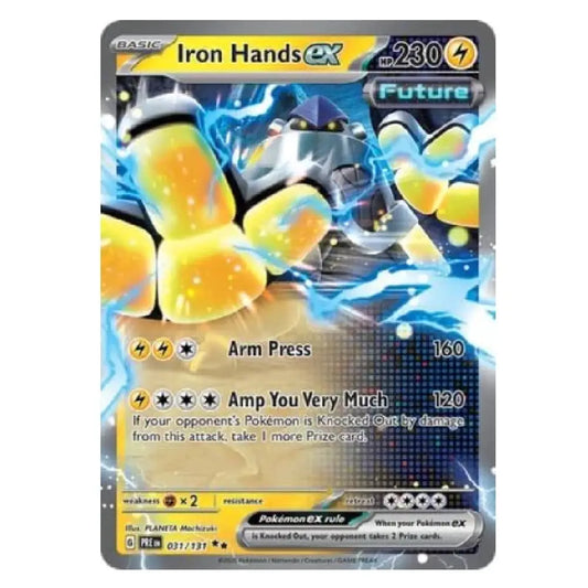 A single Pokémon trading card for Iron Hands EX from the Future expansion, featuring artwork of the character with blue energy effects and yellow accents, shown on a plain light background.