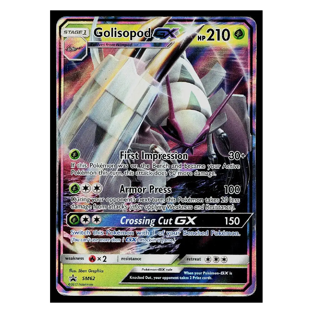 A holographic Pokémon trading card featuring Golisodip GX, a Stage 1 Psychic-type Pokémon. The card has a black border with a colorful iridescent foil effect, showing artwork of the Pokémon and game text including 'HP 210' and 'First Impression 30+'.