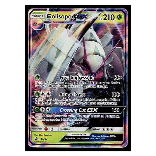 A holographic Pokémon trading card featuring Golisodip GX, a Stage 1 Psychic-type Pokémon. The card has a black border with a colorful iridescent foil effect, showing artwork of the Pokémon and game text including 'HP 210' and 'First Impression 30+'.