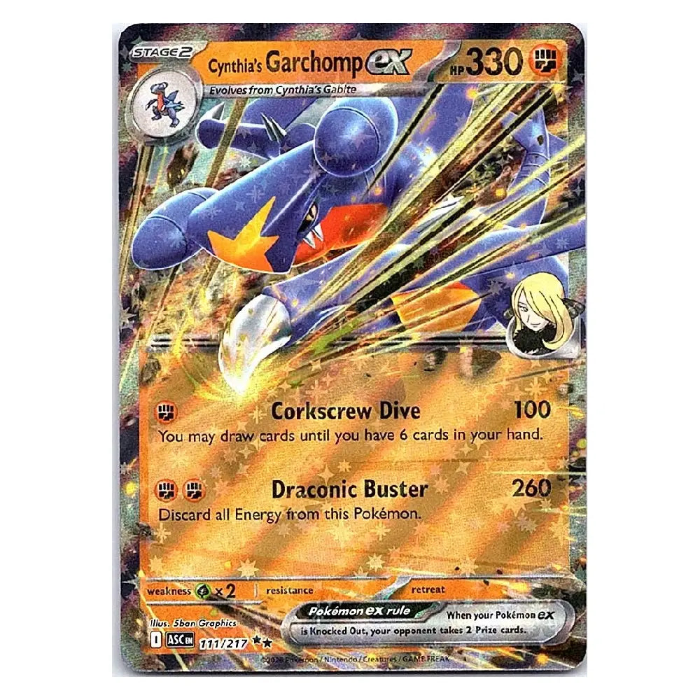 A single Pokémon trading card featuring Cynthia's Garchomp EX, with artwork of a blue garchomp surrounded by fiery orange and gold energy effects. The card includes game text, health points, and Pokémon branding.