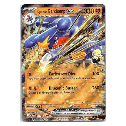 A single Pokémon trading card featuring Cynthia's Garchomp EX, with artwork of a blue garchomp surrounded by fiery orange and gold energy effects. The card includes game text, health points, and Pokémon branding.