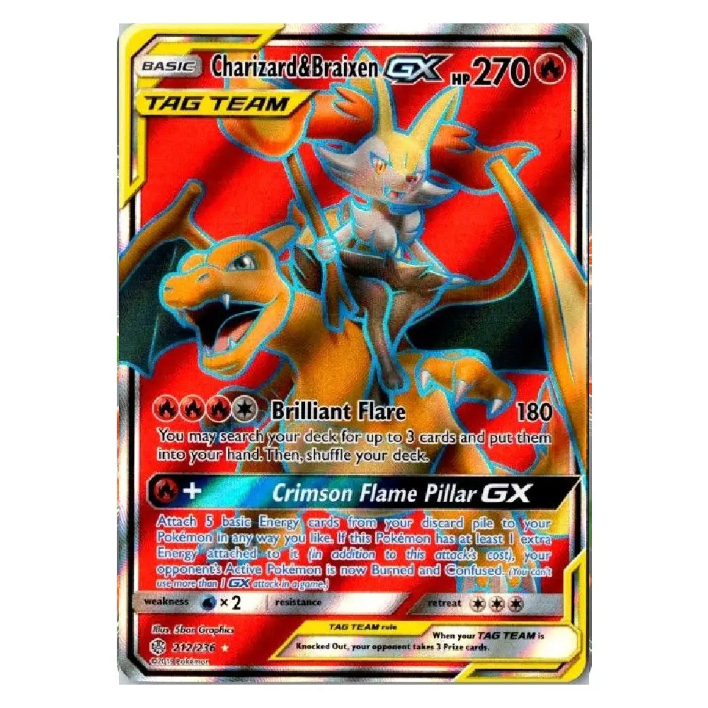 A single Pokémon trading card featuring Charizard and Braixen GX, with a red and black background and yellow border. The card includes attack text such as Brilliant Flare and Crimson Flame Pillar GX, and is photographed against a plain white background.