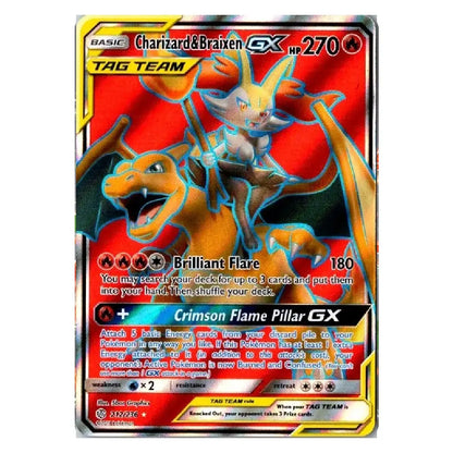 A single Pokémon trading card featuring Charizard and Braixen GX, with a red and black background and yellow border. The card includes attack text such as Brilliant Flare and Crimson Flame Pillar GX, and is photographed against a plain white background.