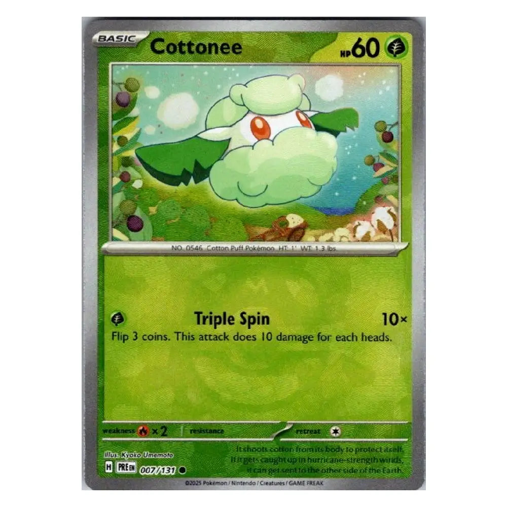 A single Pokémon trading card for Cottonée from the Basic set, shown against a plain white background. The card features a green and yellow-green illustration of Cottonée, with the text 'Triple Spin' and damage value '10x' on the lower half.