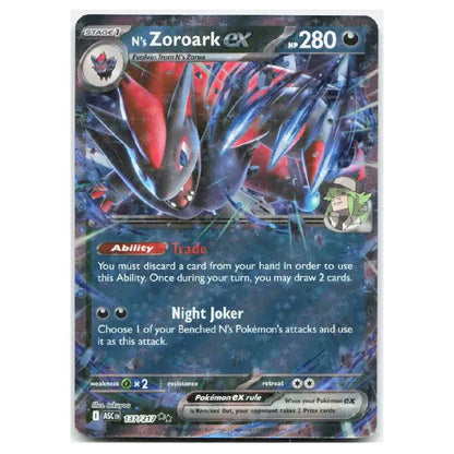A single Pokémon trading card featuring N's Zoroark EX, with artwork of the character in red, blue, and black tones on a dark card face. Visible text includes stage 1, 280 HP, and Pokémon branding.
