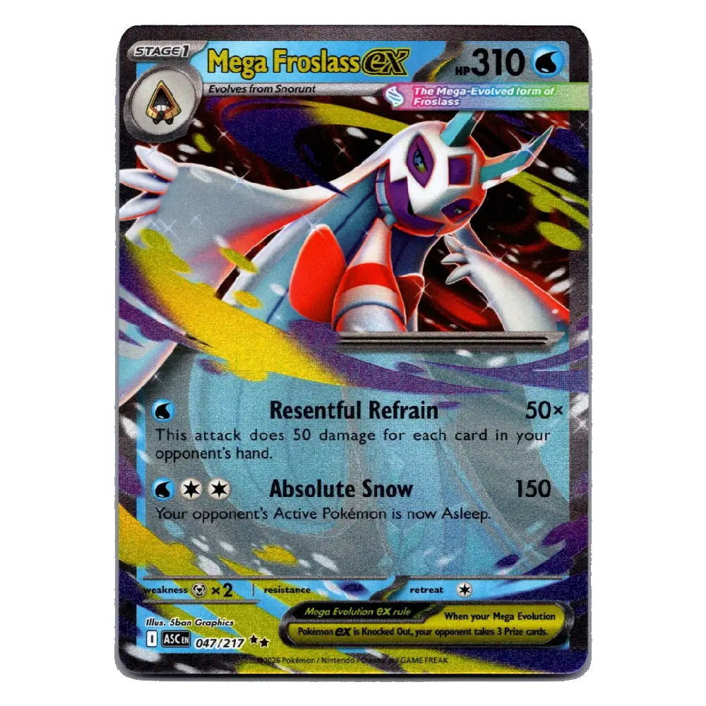 A single Pokémon trading card featuring Mega Froslass EX, shown against a plain white background. The card has a dark blue border and displays artwork of the character with red, white, blue, and yellow details, plus printed text and stats.