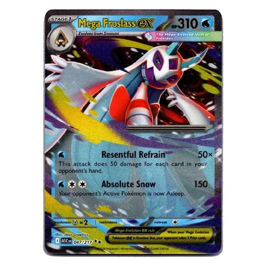 A single Pokémon trading card featuring Mega Froslass EX, shown against a plain white background. The card has a dark blue border and displays artwork of the character with red, white, blue, and yellow details, plus printed text and stats.