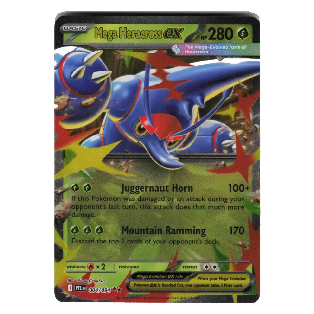 A single Pokémon trading card featuring Mega Heracross EX from the EX Evolution expansion. The card has a dark green and black border with colorful artwork of the blue and red Heracross character, plus text showing 'Mega Heracross EX', '280', and move names 'Juggernaut Horn' and 'Mountain Ramming'.
