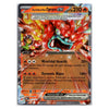 A single Pokémon trading card featuring Ogerpon EX from the Tempest expansion. The card shows a red and orange creature illustration with the text 'Hearthfire Mask Ogerpon ex', attack boxes reading 'Wrathful Hearth' and 'Dynamic Blaze', and a silver holographic border.