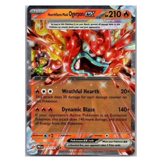 A single Pokémon trading card featuring Ogerpon EX from the Tempest expansion. The card shows a red and orange creature illustration with the text 'Hearthfire Mask Ogerpon ex', attack boxes reading 'Wrathful Hearth' and 'Dynamic Blaze', and a silver holographic border.
