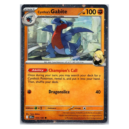 A single Pokémon trading card featuring Cynthia's Gabite, with an orange card body, dark border, and artwork of a blue and red dragon-like creature. The card includes text such as 'Cynthia's Gabite,' '100,' 'Ability: Champion's Call,' and 'Dragonslice 40.