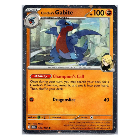 A single Pokémon trading card featuring Cynthia's Gabite, with an orange card body, dark border, and artwork of a blue and red dragon-like creature. The card includes text such as 'Cynthia's Gabite,' '100,' 'Ability: Champion's Call,' and 'Dragonslice 40.