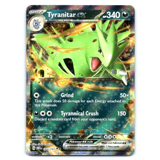 A single Pokémon trading card featuring Tyrannitar GX, a Stage 2 Pokémon GX card with a green creature illustration, attack text, and a holographic foil finish on a plain light background.