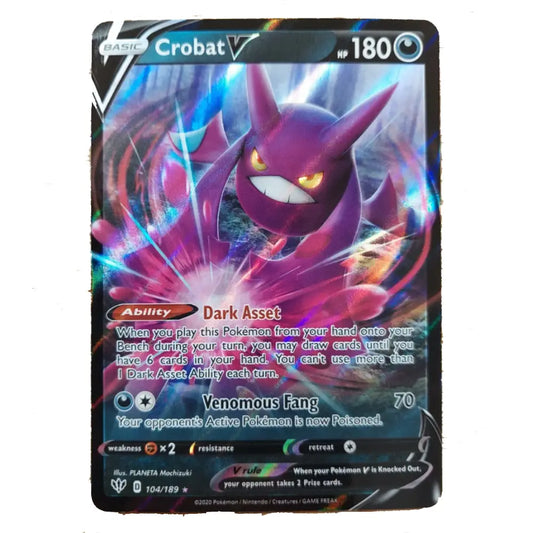 A single Pokémon trading card featuring the character Crobat V, with a dark purple and black card border, holographic blue and pink light effects, and the Pokémon logo visible in the bottom area.