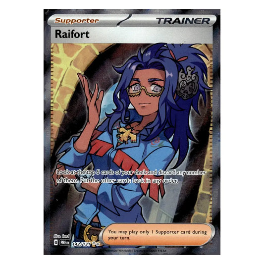 A Magic: The Gathering trading card featuring the character Raifort from the Supporter set. The card has a dark gray border, a silver top section with 'Supporter' and 'TRAINER' text, and an illustration of a blue-haired character in a blue outfit with red accents.