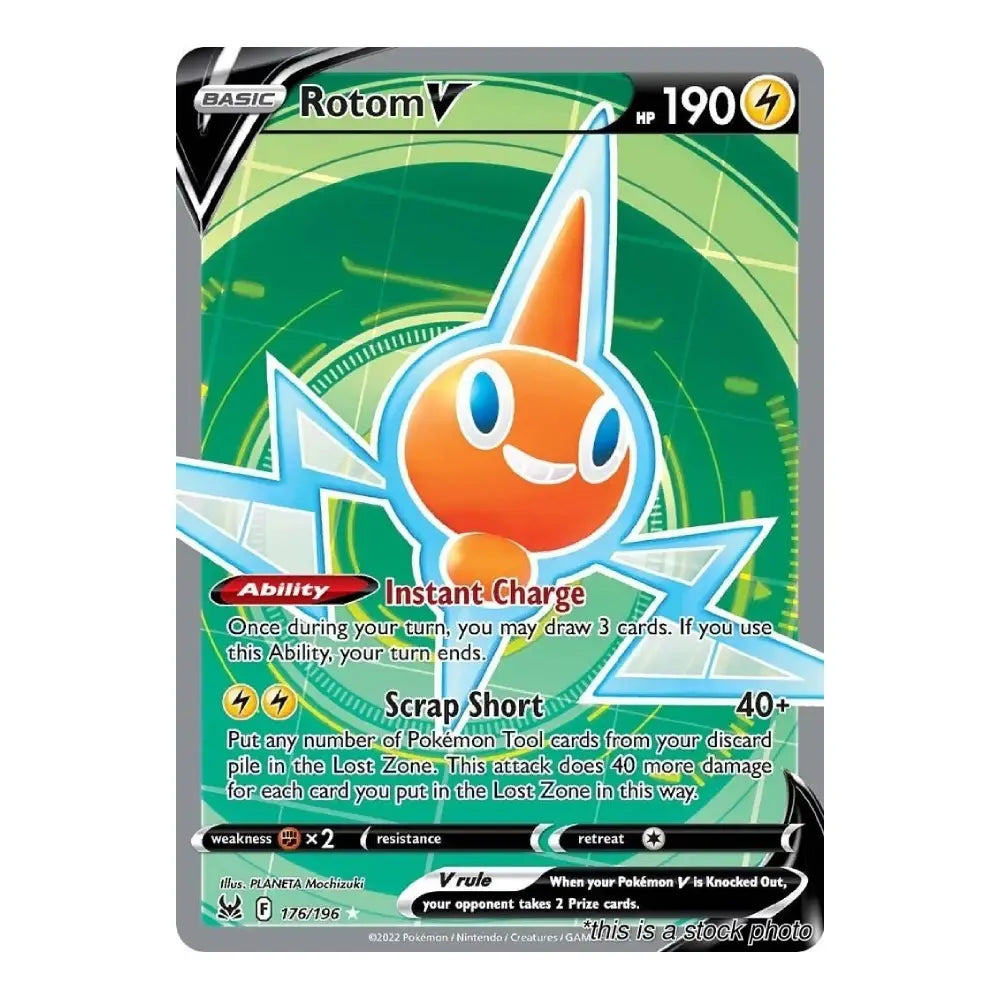 A single Pokémon trading card featuring Rotom V, shown against a plain light background. The card has a silver border, green and blue artwork, and orange character art in the center.