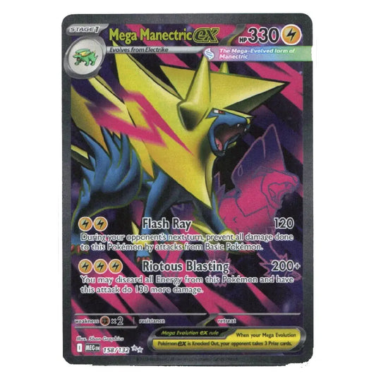 A holographic Pokémon TCG trading card of Mega Manectric GX, featuring a yellow and blue electric cat design with attack text including Flash Ray and Rottent Blastling.
