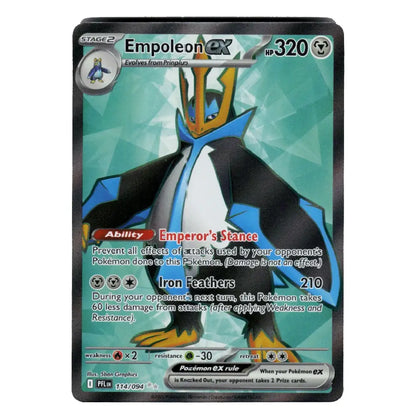 A single Pokémon trading card featuring Empoleon EX, shown against a plain white background. The card has a dark border and a teal/green geometric background with artwork of the character in blue, black, white, and gold.
