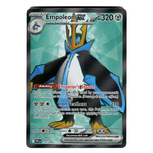 A single Pokémon trading card featuring Empoleon EX, shown against a plain white background. The card has a dark border and a teal/green geometric background with artwork of the character in blue, black, white, and gold.