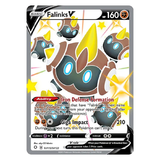 A single Pokémon trading card featuring Falinks V, shown against a plain white background. The card has a gray border, character artwork with brown, black, yellow, and blue details, and text including 'BASIC', 'Falinks V', 'HP 160', and 'Iron Defense Formation'.