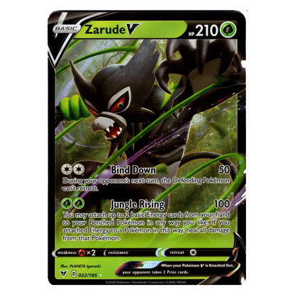 A single Pokémon trading card for Zarude V, shown against a plain white background. The card features artwork of the dark bird Pokémon, with green and black color scheme and visible text including 'Zarude V', 'HP 210', and move names 'Bind Down' and 'Jungle Rising'.