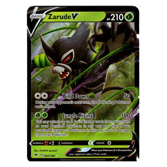 A single Pokémon trading card for Zarude V, shown against a plain white background. The card features artwork of the dark bird Pokémon, with green and black color scheme and visible text including 'Zarude V', 'HP 210', and move names 'Bind Down' and 'Jungle Rising'.
