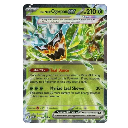 A single Pokémon trading card for Teal Mask Ogerpon EX from the EX Arc, featuring green and blue artwork with a holographic silver border on a white background.