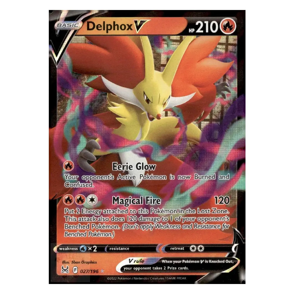 A single Pokémon trading card for Delphox V, shown upright against a plain white background. The card features artwork of a yellow Delphox with large orange-red wings and purple energy effects, plus standard game text and stats.