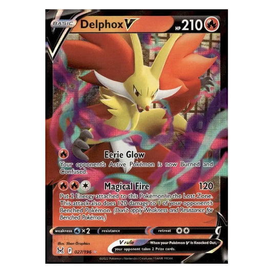 A single Pokémon trading card for Delphox V, shown upright against a plain white background. The card features artwork of a yellow Delphox with large orange-red wings and purple energy effects, plus standard game text and stats.