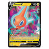 A single Pokémon trading card for Rotom V from the Basic Set, featuring an orange and blue robot design with colorful abstract energy effects on a black card border.