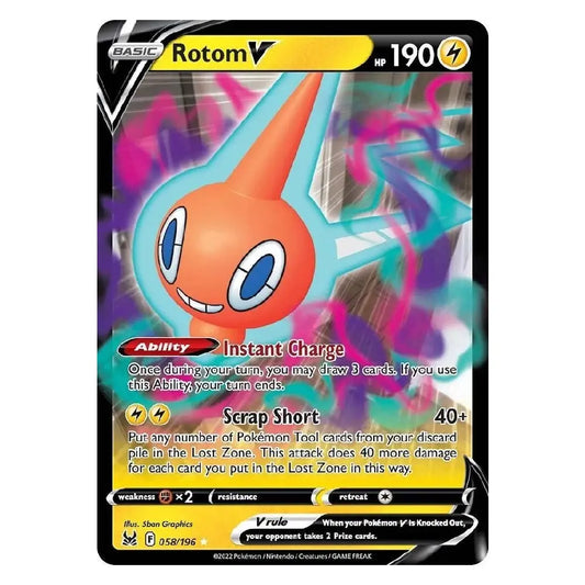 A single Pokémon trading card for Rotom V from the Basic Set, featuring an orange and blue robot design with colorful abstract energy effects on a black card border.