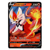 A single Pokémon trading card featuring Cinderace V in an action pose with a fiery explosion effect. The card has a black border, orange header, and artwork dominated by red, orange, yellow, and blue tones.
