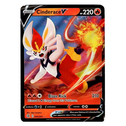 A single Pokémon trading card featuring Cinderace V in an action pose with a fiery explosion effect. The card has a black border, orange header, and artwork dominated by red, orange, yellow, and blue tones.